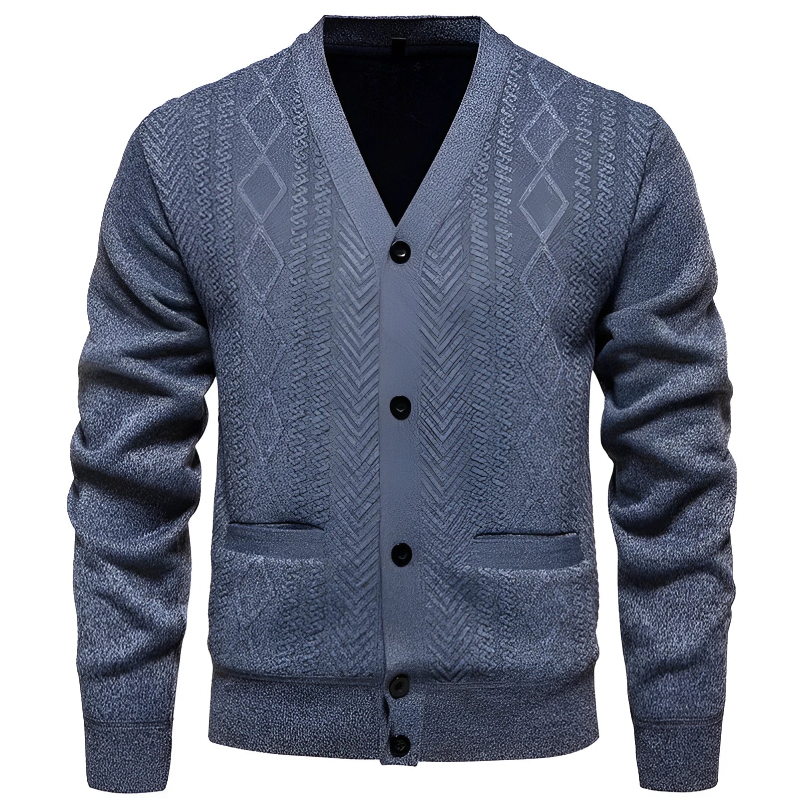 Men's plus size striped long sleeve cardigan sweater on a hanger showing wool lining.