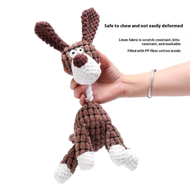 A selection of plush puppy chew toys showing different character styles including a donkey, a rechargeable duck, a blue elephant, a dizzy dog, and a blink elephant.