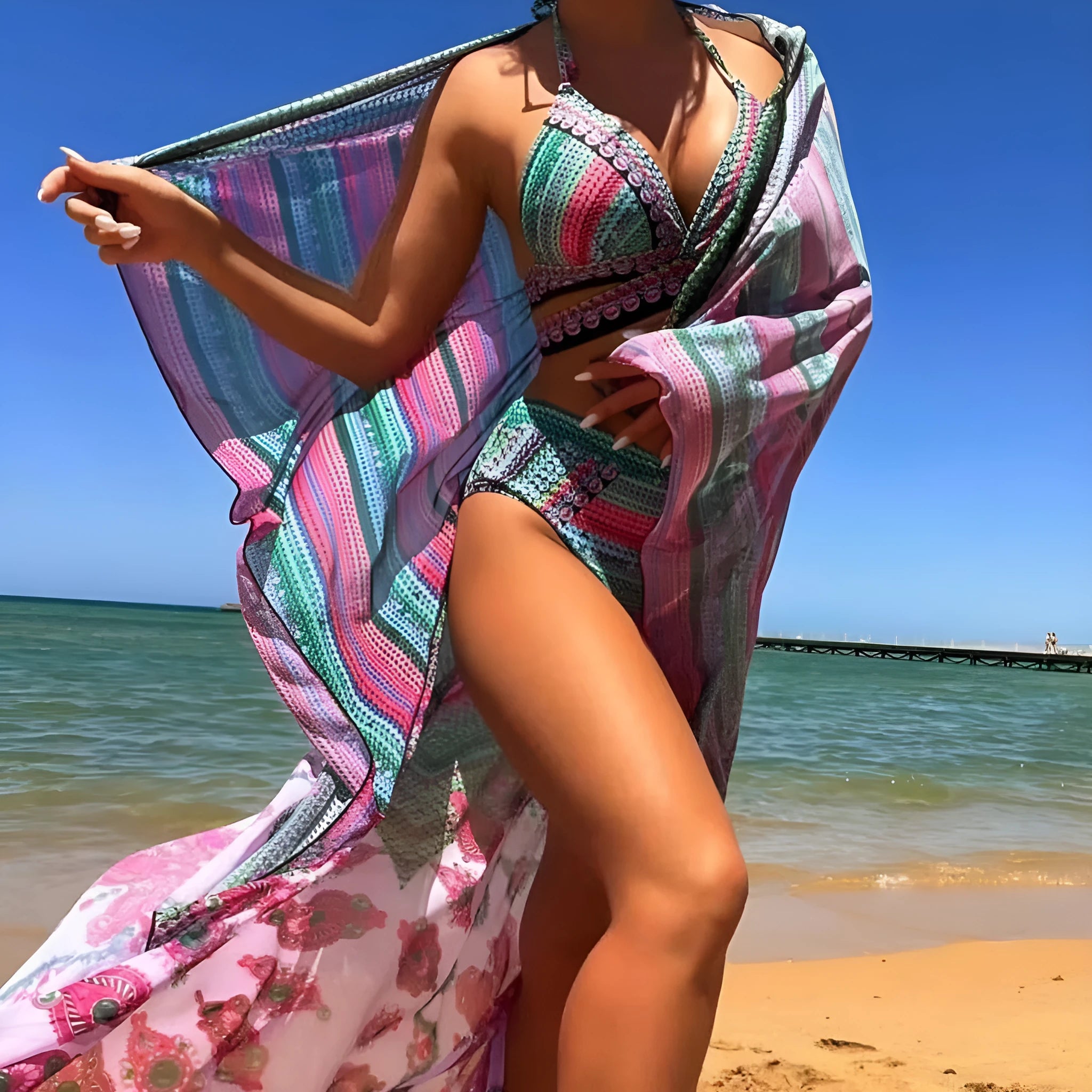 Blue red women's cross bandage bikini set with high waist briefs, veil inserts, and front split shorts.