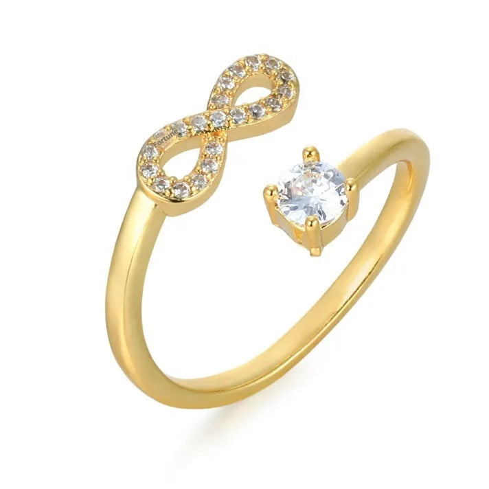 Geometric open ring with engraved letter and zircon inlay in gold, rose gold, or silver finish