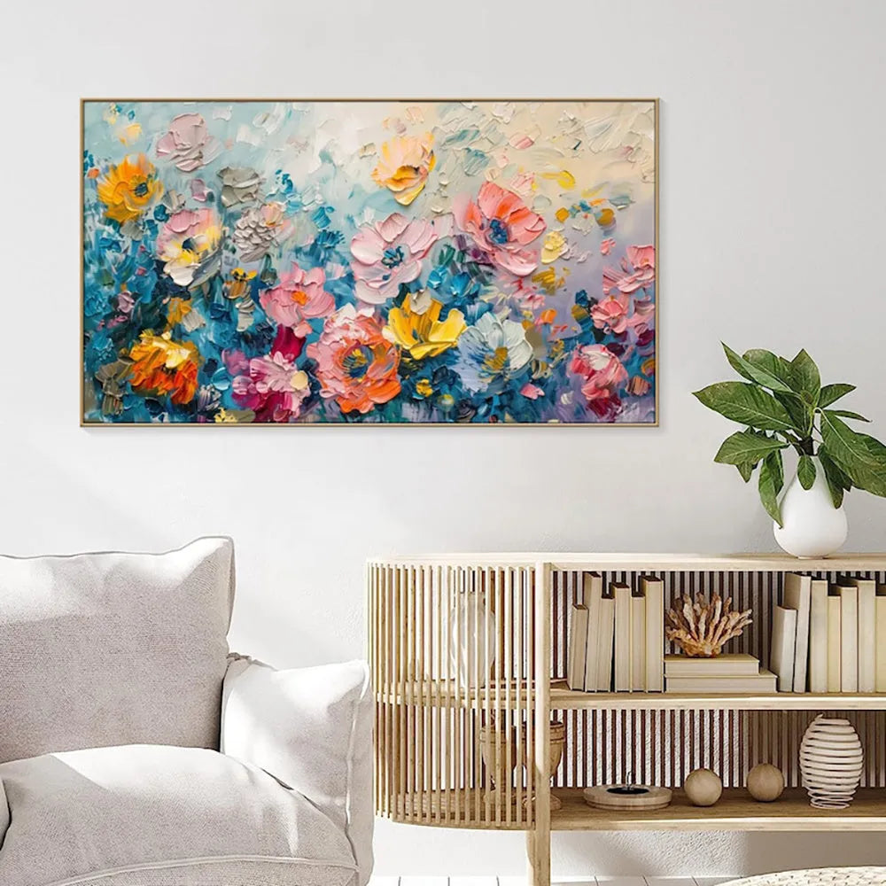 Handmade handpainted oil painting on canvas with rose flower subject horizontal modern style