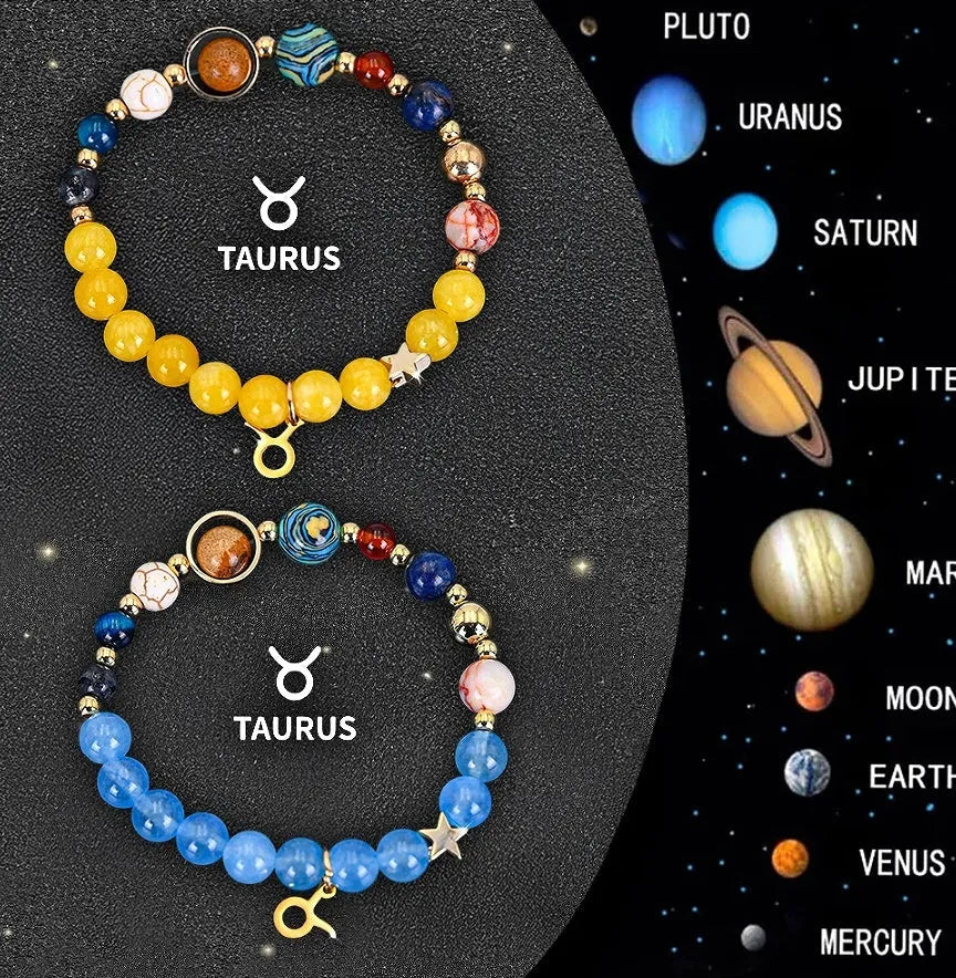 Two natural stone beaded bracelets showing zodiac designs on adjustable cords