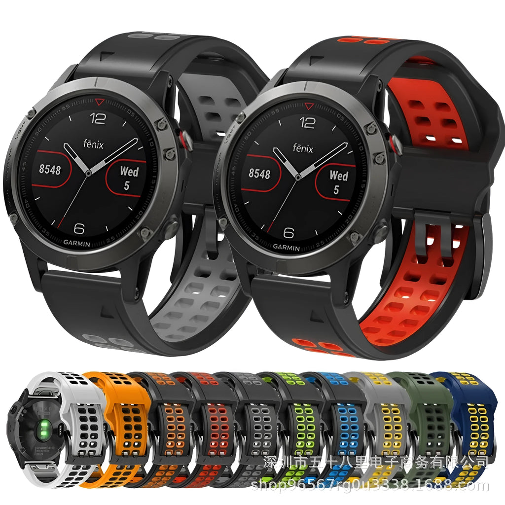 Quick release two-tone silicone watch strap in black and orange with pin buckle.