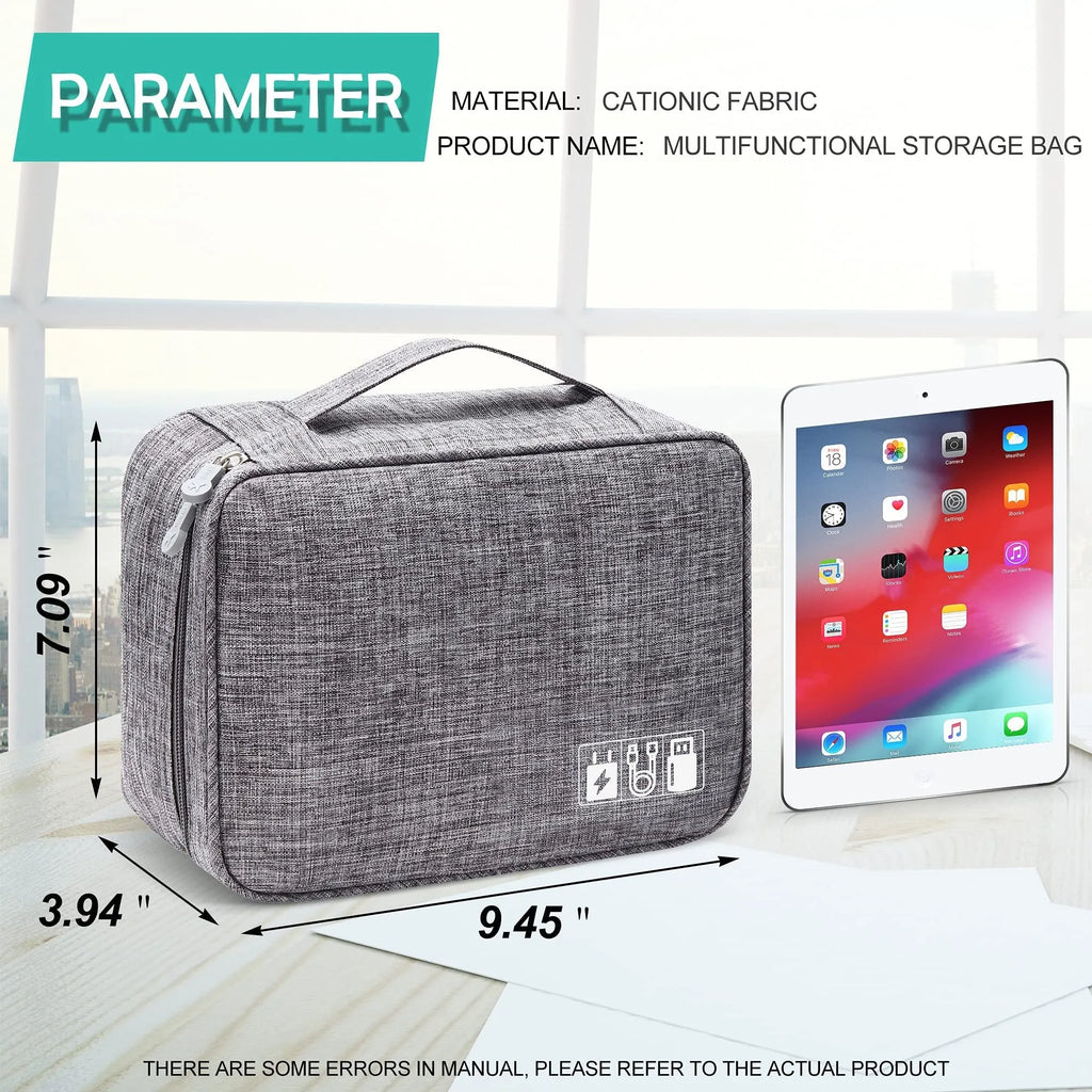 Black travel cable organiser bag open, showing mesh pockets, elastic loops, and removable padded dividers.