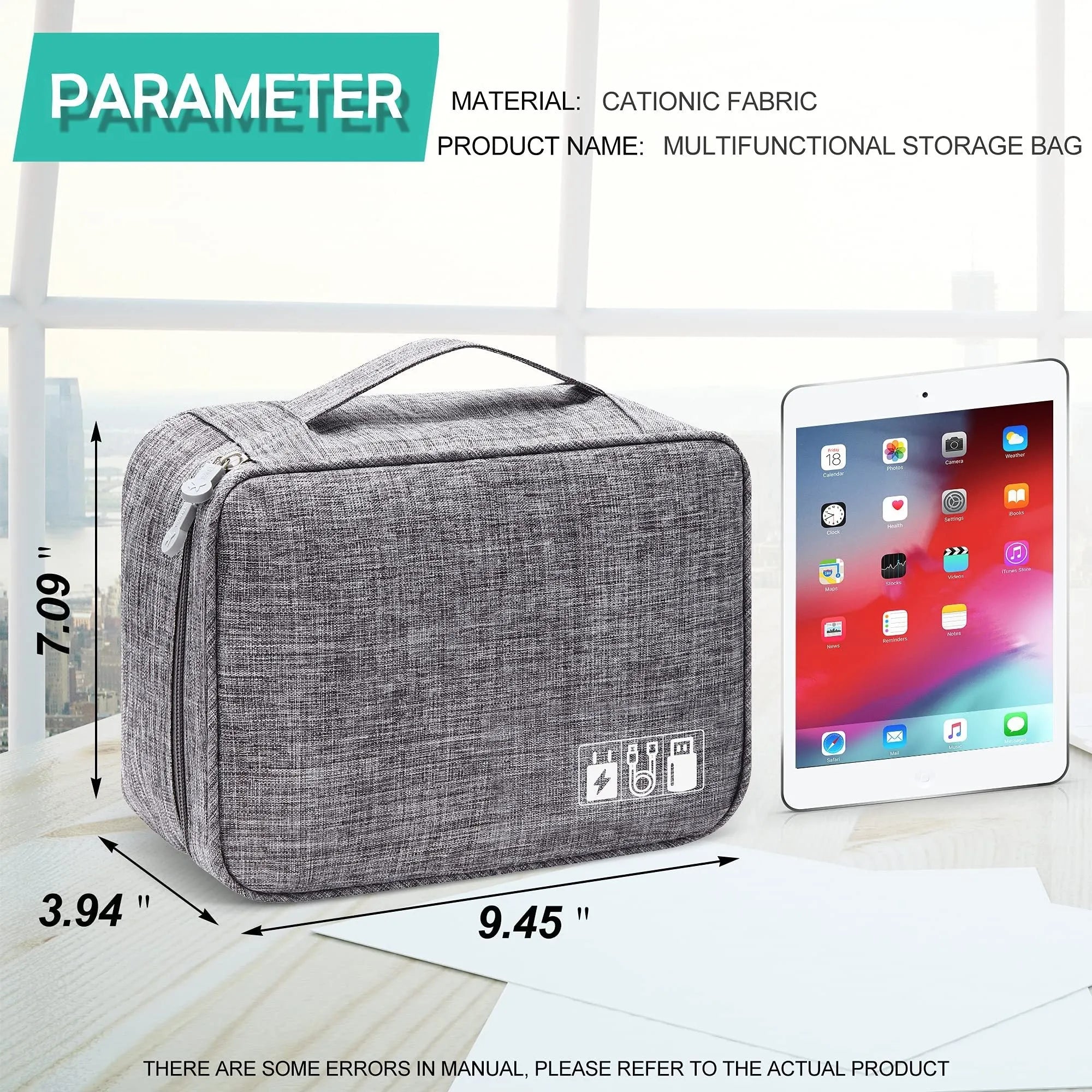 Black travel cable organiser bag open, showing mesh pockets, elastic loops, and removable padded dividers.