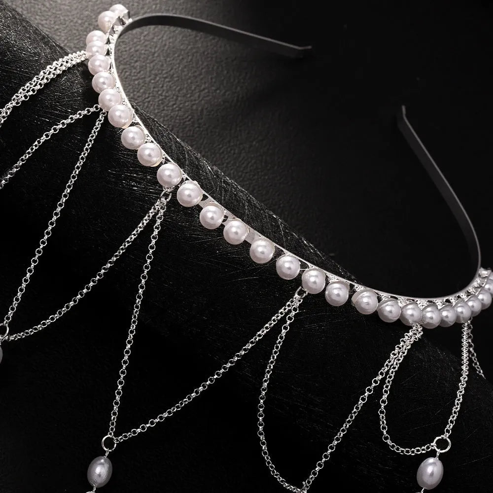 Gold and silver tassel hair chain for women with pearl detailing and electroplated finish