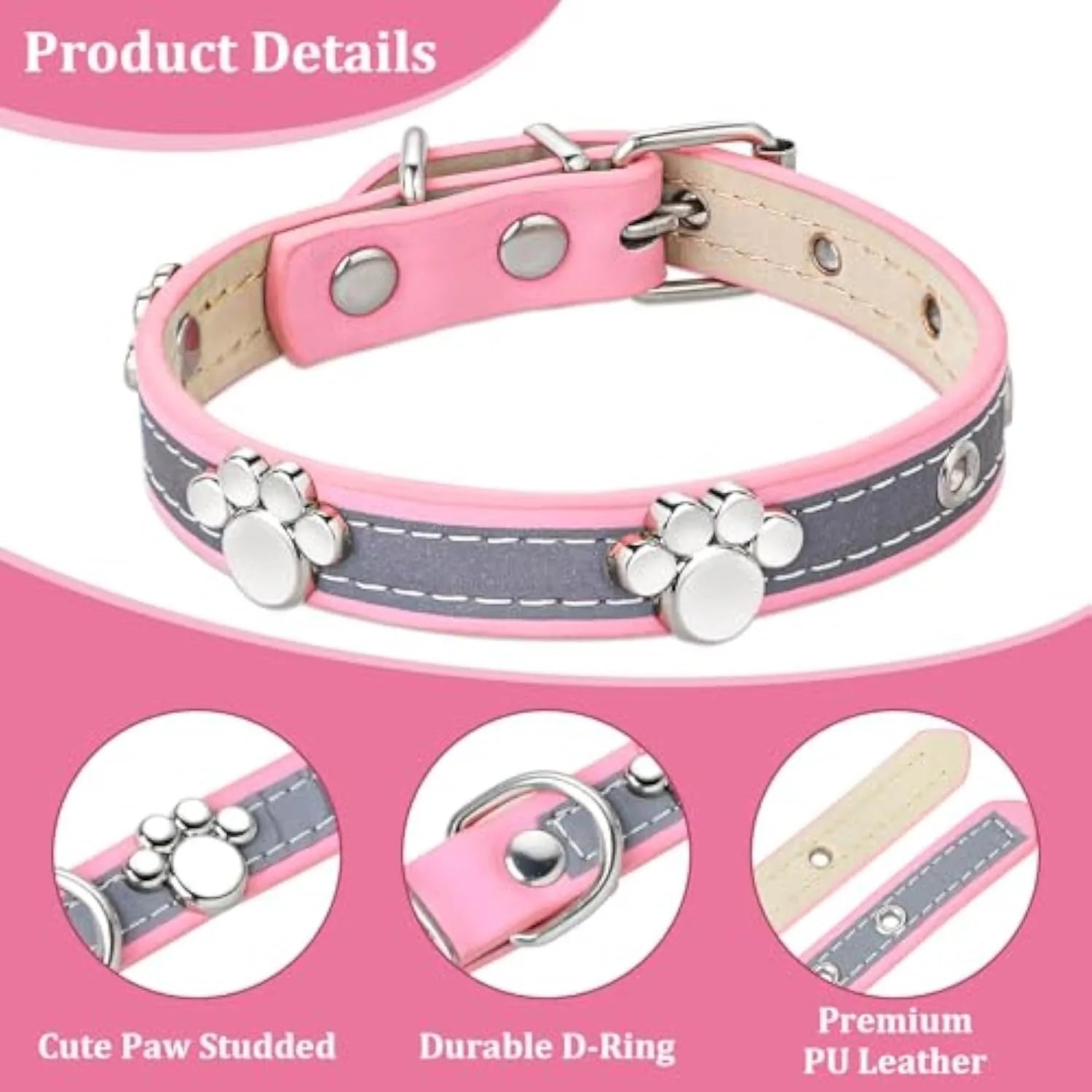 Reflective leather dog collar with paw rivets and metal buckle in adjustable sizes for dogs