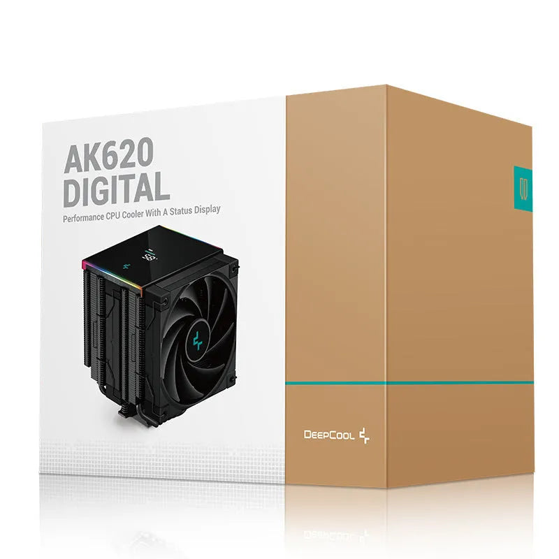 Dual tower CPU air cooler with digital temperature display in black or white finish.