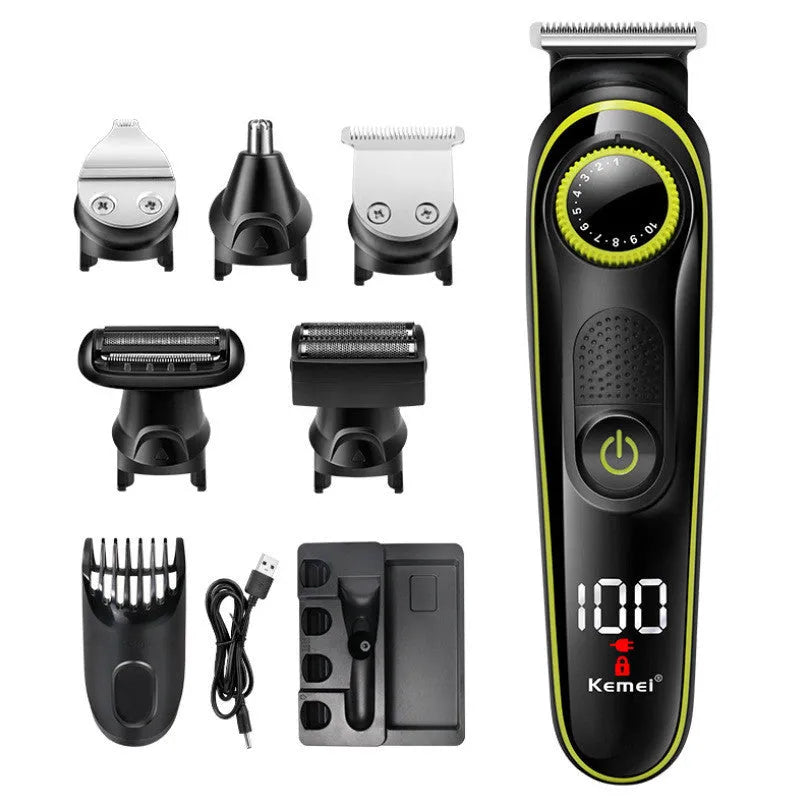 Black rechargeable electric hair clipper set with stainless steel blades, brush, and cloth.