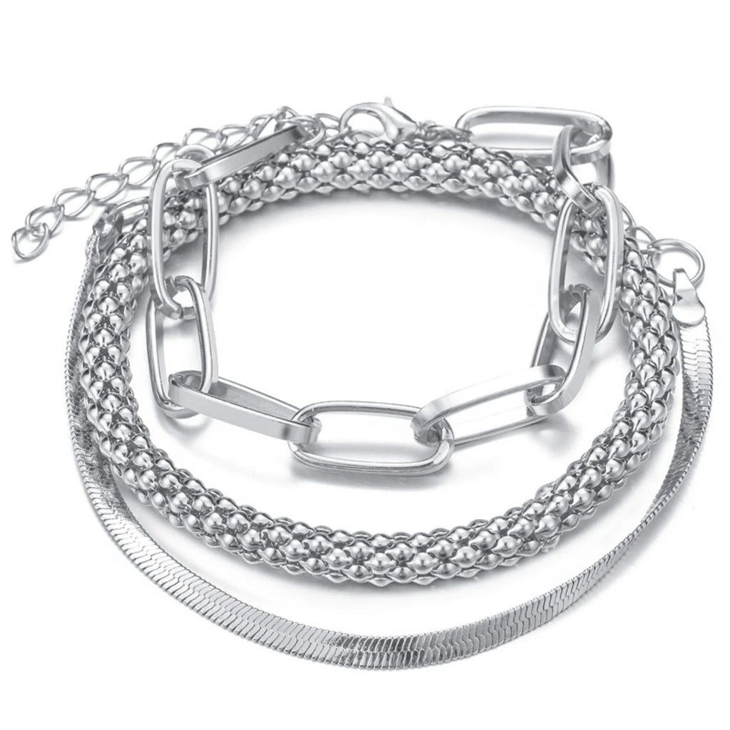 Set of three alloy snake bone chain bracelets in retro geometric design with electroplated gold finish
