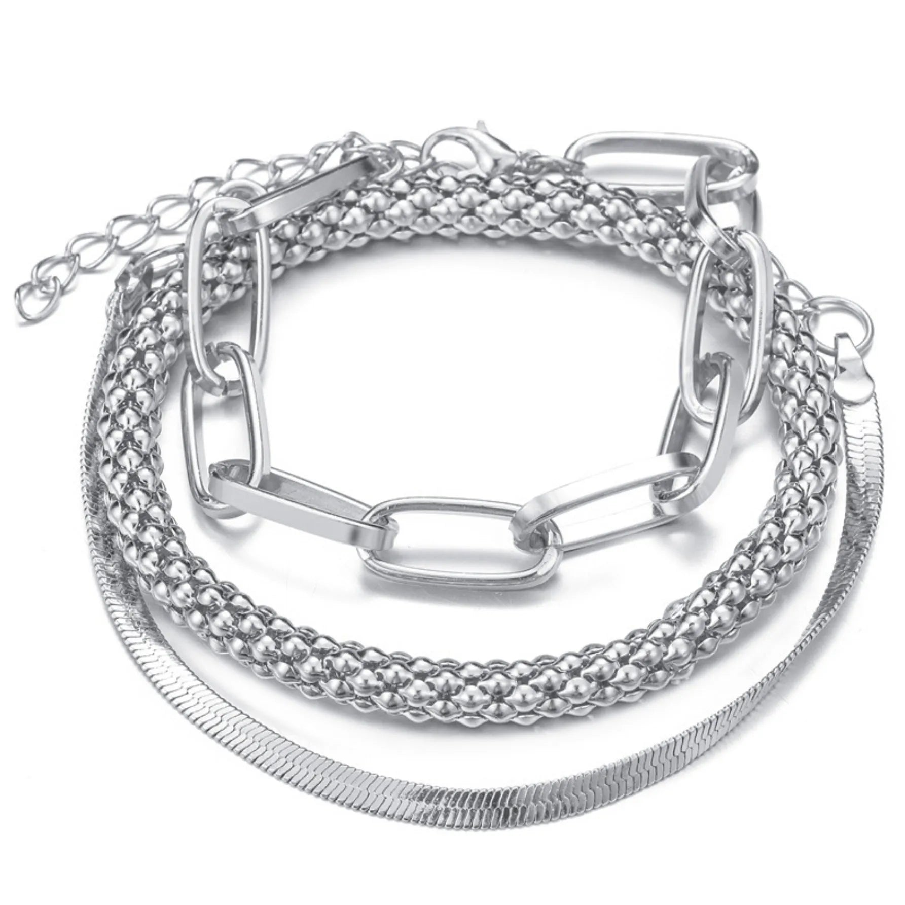 Set of three alloy snake bone chain bracelets in retro geometric design with electroplated gold finish