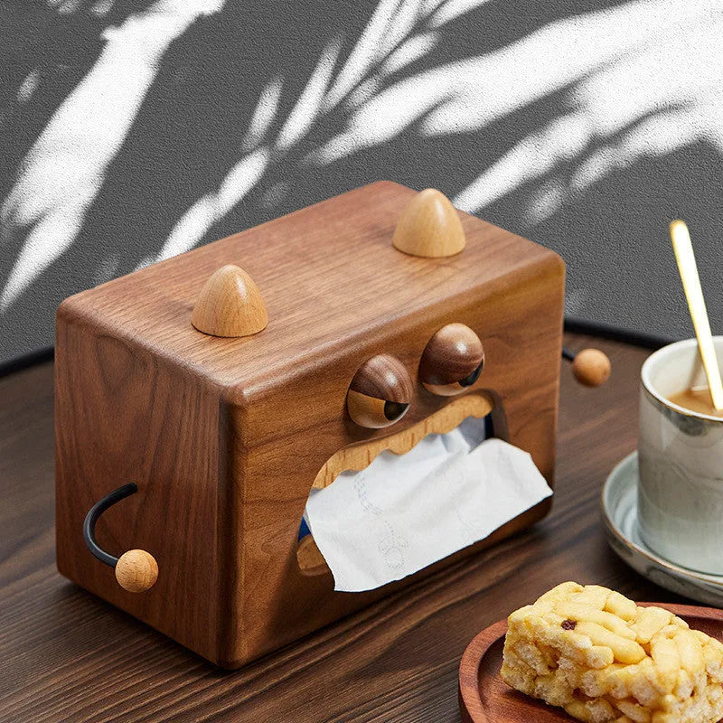 Cartoon bee and monster design wooden tissue box in walnut beech wood.
