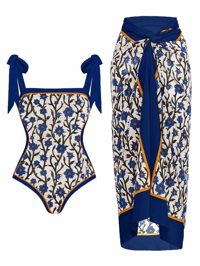 Women's floral print two-piece swimsuit with chiffon skirt in multiple colour options