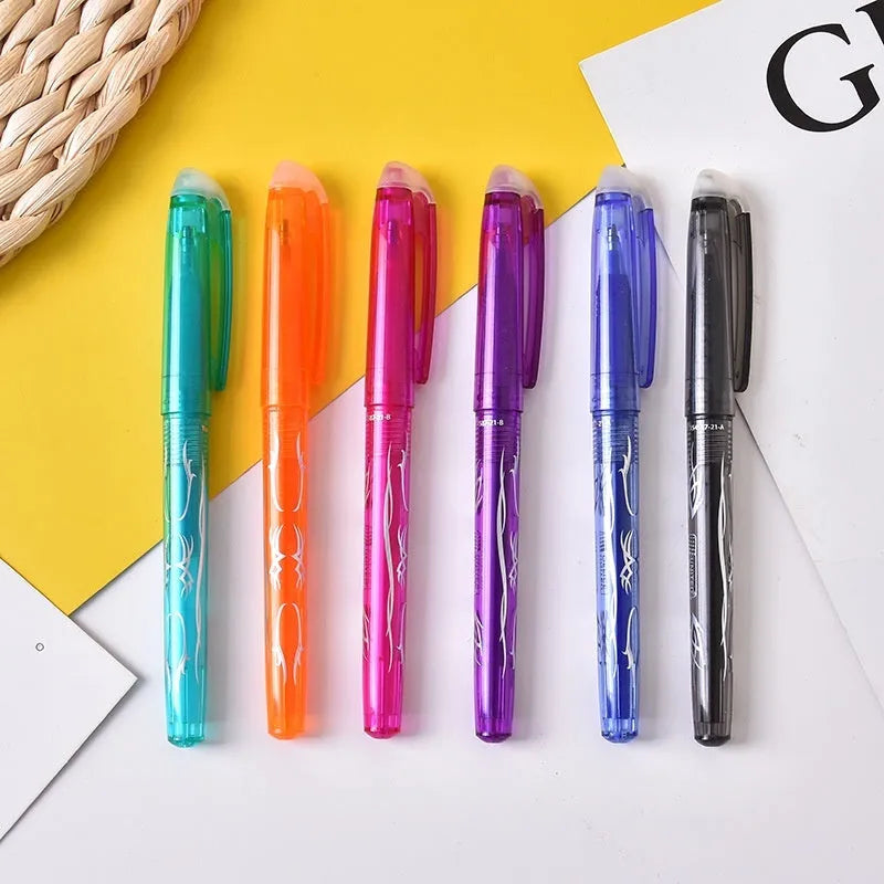 Pack of heat-erasable gel pens with plastic casings and stainless steel nibs in 0.5mm or 0.7mm sizes