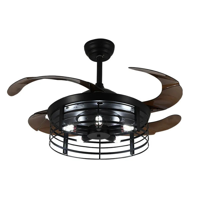Industrial ceiling fan lamp with integrated lighting and acrylic blades in American retro style