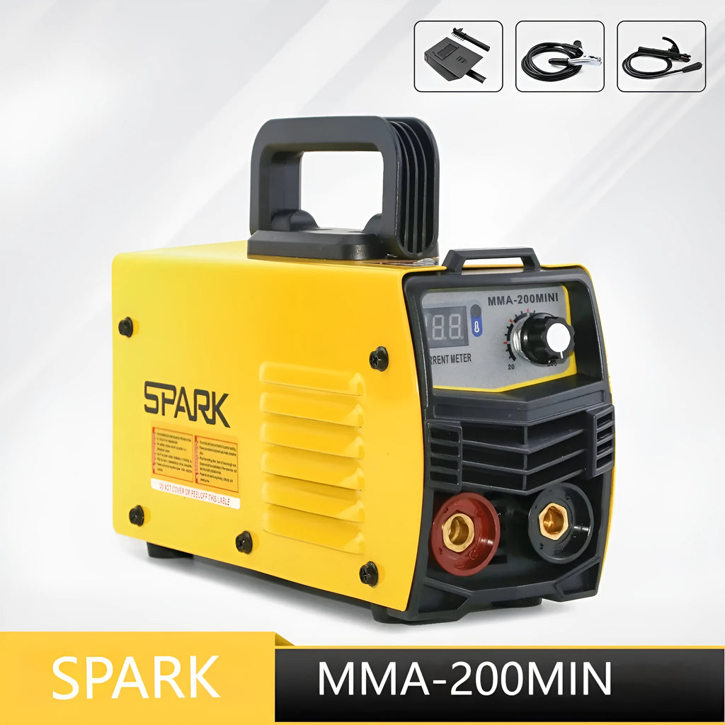 MMA-200MIN 220V DC inverter welding machine with welding tongs, clamps, and face shield accessories