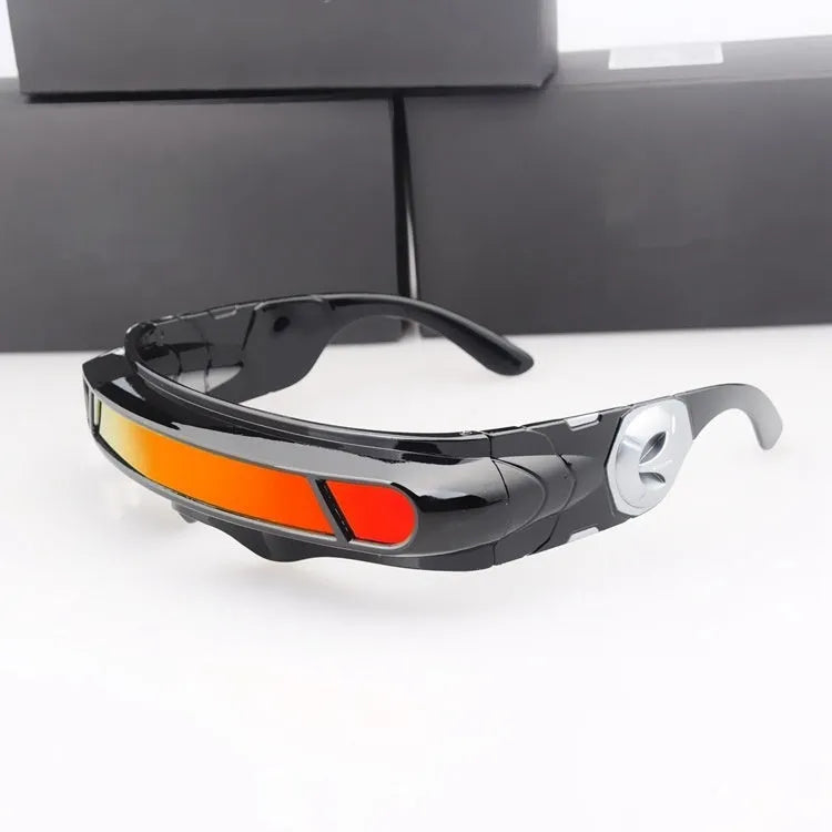 Black polarised sports sunglasses with a choice of grey, red mercury, or blue mercury colour film lenses.