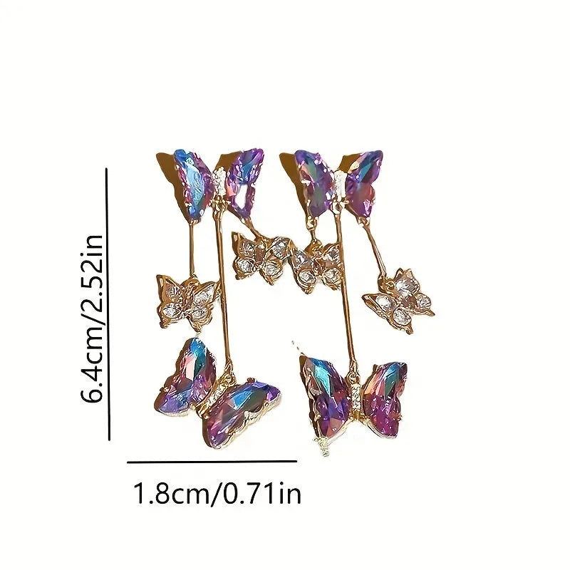 Silver needle blue purple butterfly colour crystal flower tassel earrings for women