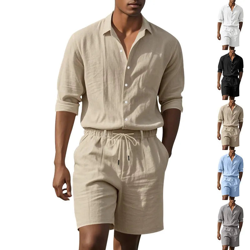 Linen two-piece beach suit set with long sleeve shirt and matching shorts in multiple colour options