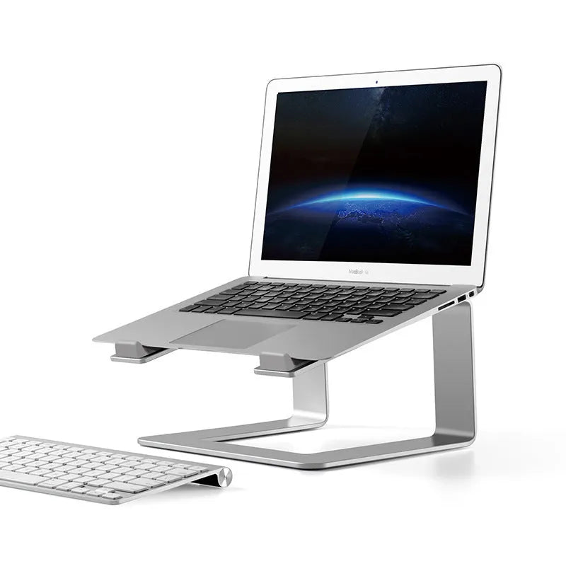 Aluminium alloy laptop stand riser in black or silver with 18.5cm height and non-slip silicone pads