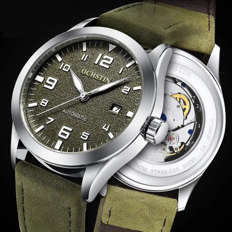 Men's retro automatic watch with leather strap in black and beige colour option