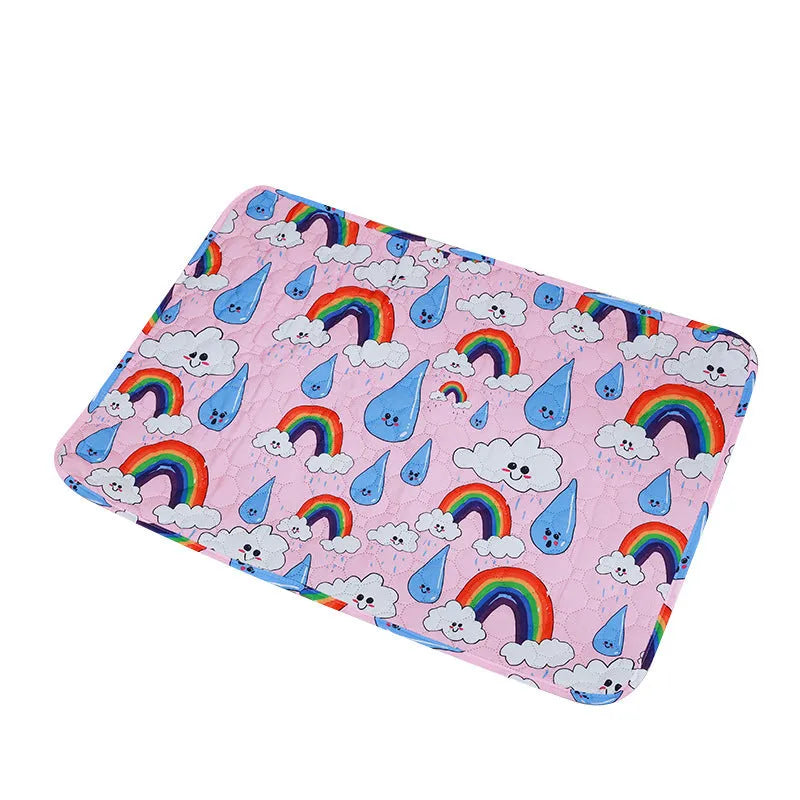 Reusable washable pet urine pad with colourful animal print design and waterproof backing.