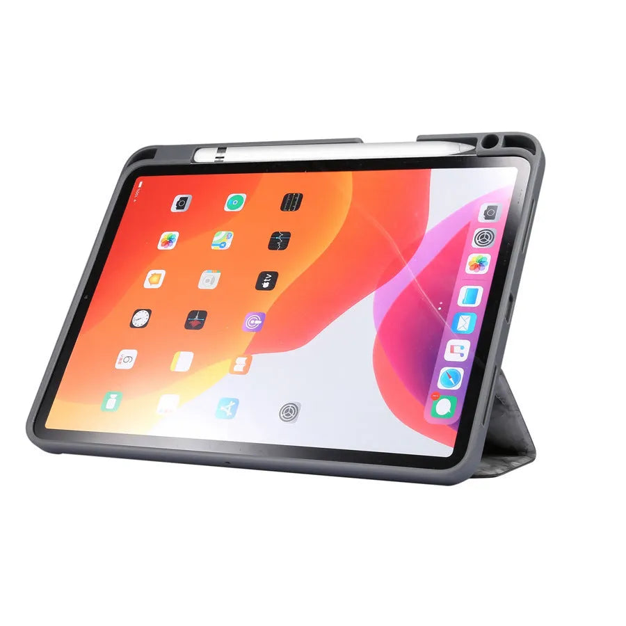 Tri-fold imitation leather iPad case with marbling pattern and a visible pen slot on the side.