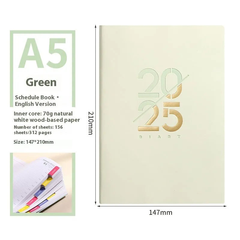 Soft cover A5 daily planner schedule book in blue, showing lay-flat binding and faux leather texture.