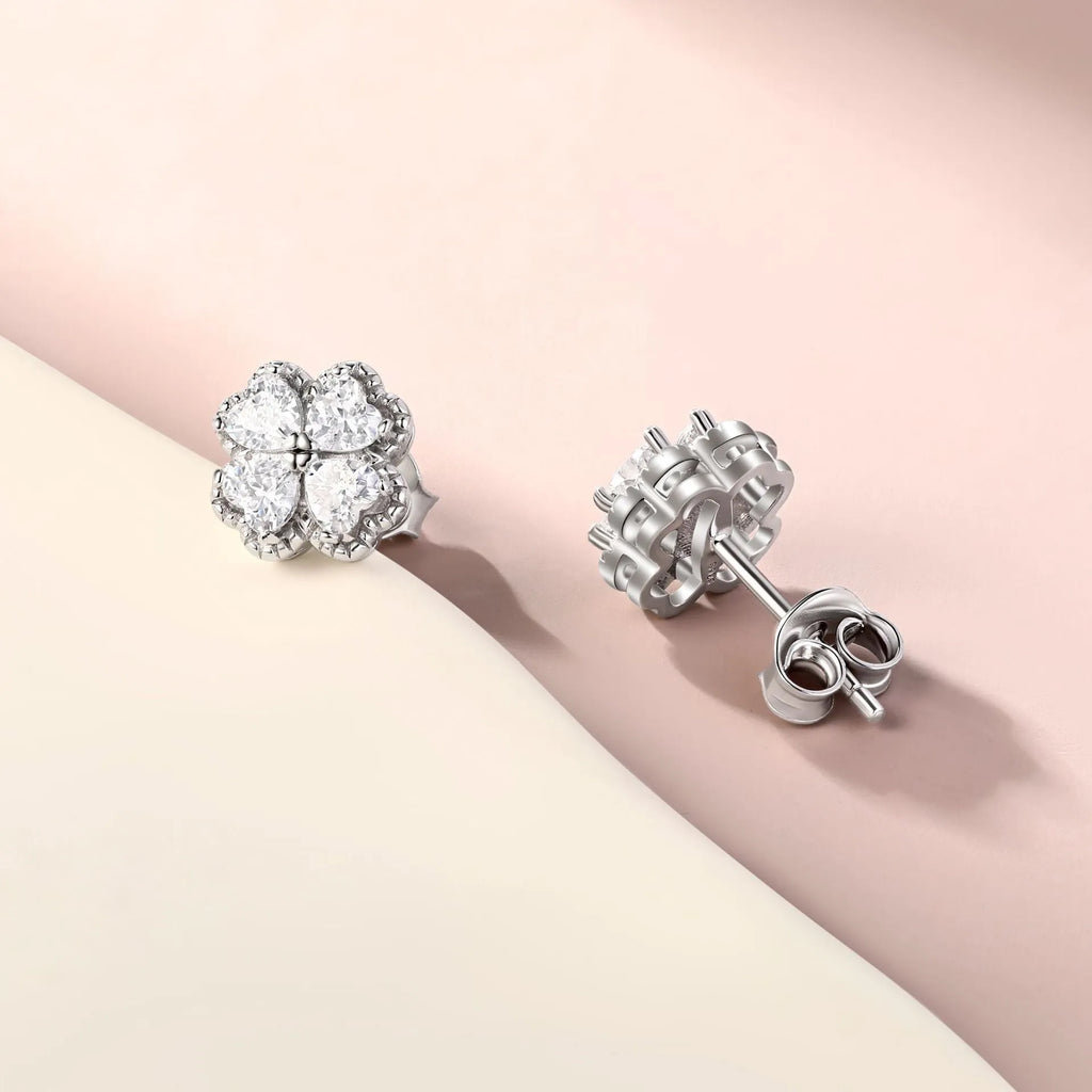 925 silver heart-shaped earrings with four-leaf clover design and zircon detailing in white gold colour