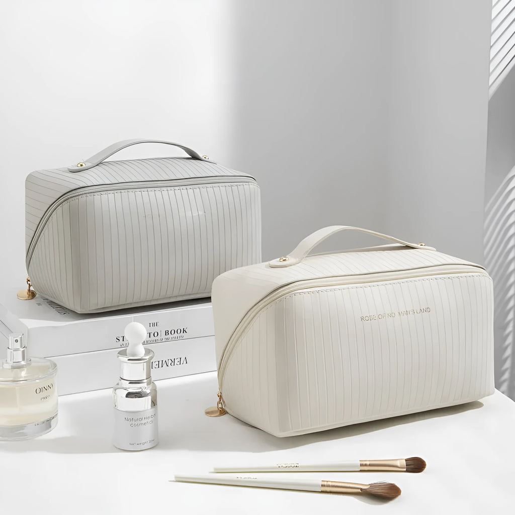 Vertical pattern pillow makeup bag showing cubic 22.5cm design with travel storage capacity