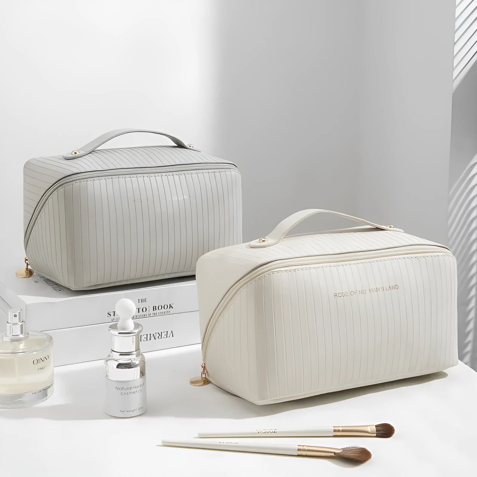 Vertical pattern pillow makeup bag showing cubic 22.5cm design with travel storage capacity