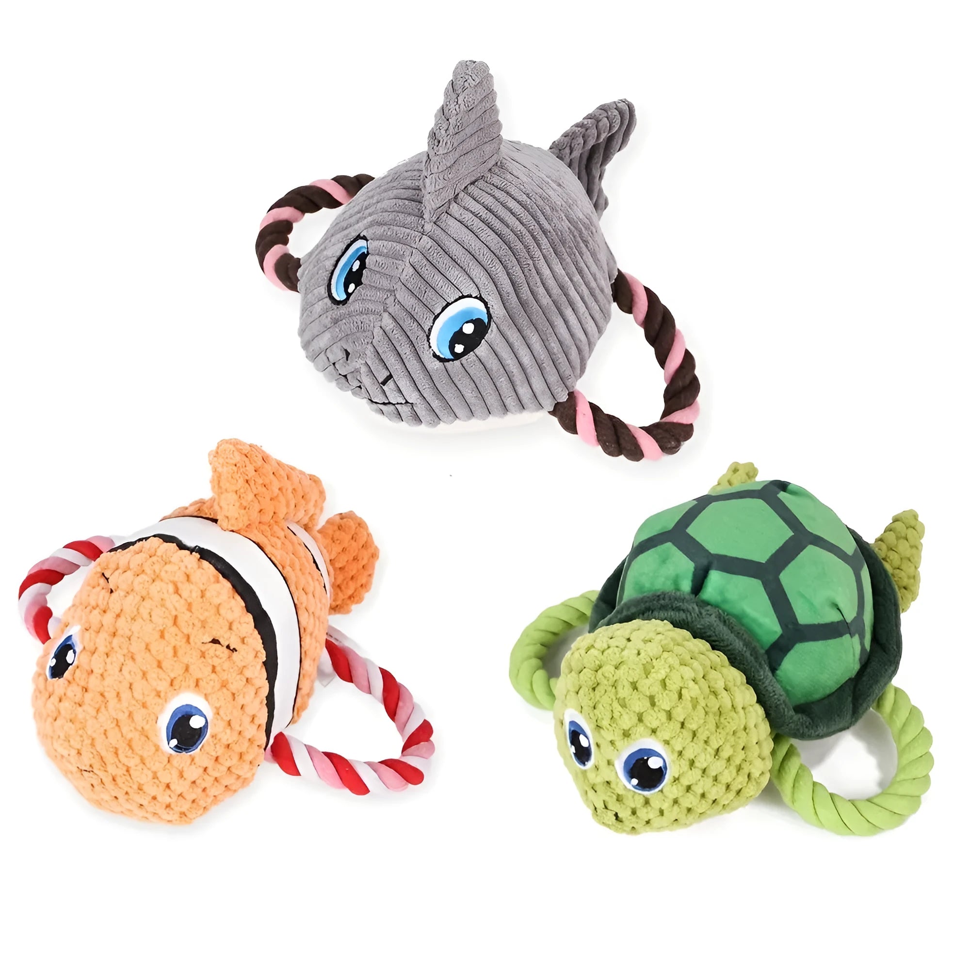 Grey turtle-shaped knot toy for dogs with a built-in squeaker on a plain background