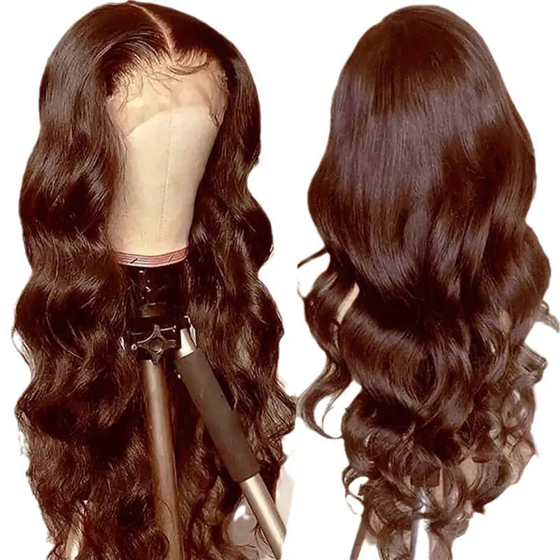 Long curly dark brown synthetic lace front wig with side fringe laid flat