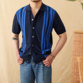 Man wearing a royal blue striped short-sleeved cardigan polo shirt with a lapel collar.