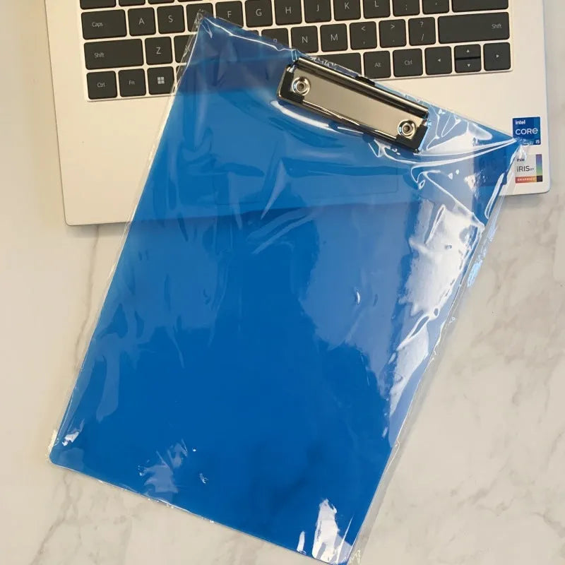 Transparent A4 plate holder with metal clip in blue, green, red, and white colour options