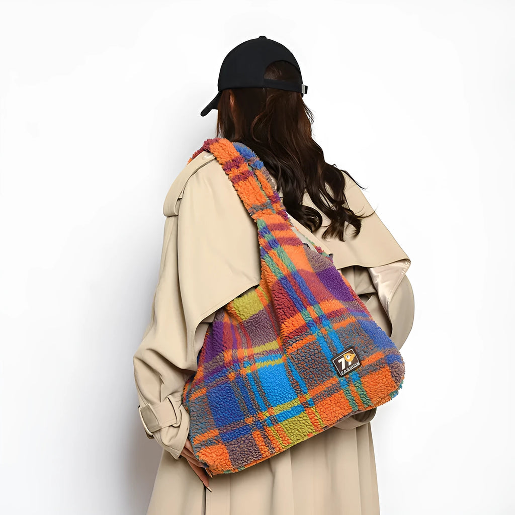 Women's plaid soft plush crossbody tote bag in army green showing large capacity and zipper compartment