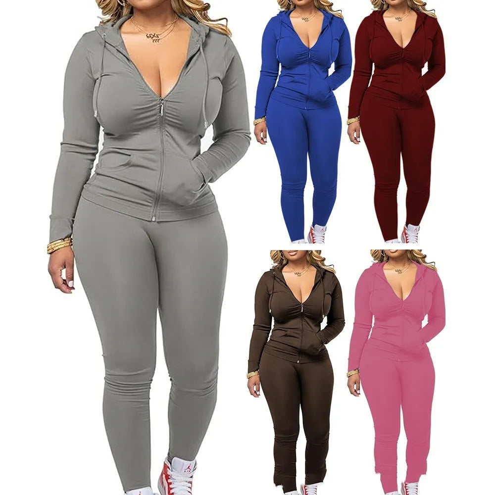Women's casual long-sleeved zipper hoodie two-piece set in milk silk fleece, gray, with matching pants, sizes S-XXL