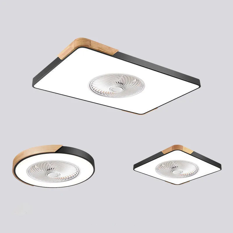 Nordic style ceiling fan with light fixture showing solid wood blades and PVC lampshade in rectangular configuration