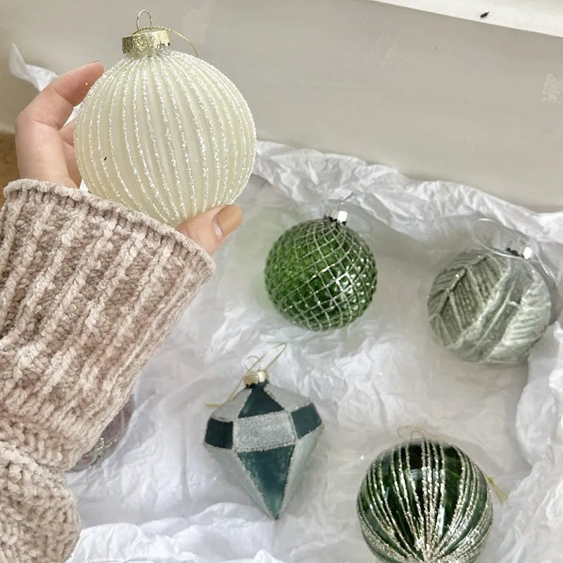 Handmade glass Christmas ball pendant ornament, 8cm diameter, green color, on tree branch