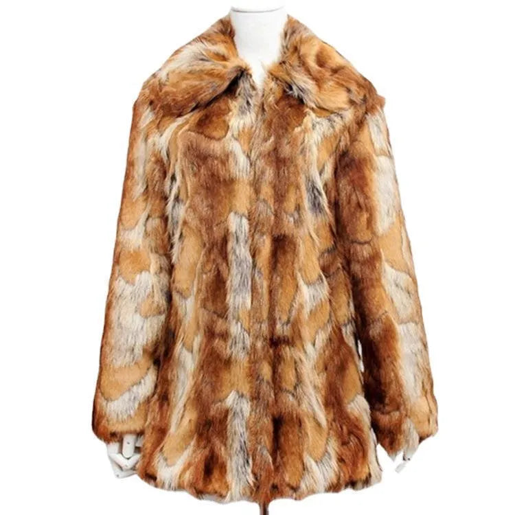 Women's tiger pattern faux fur jacket with long sleeves, shown in a medium 65cm length streetwear style.