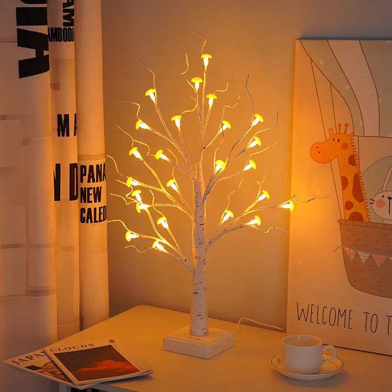 60cm tall plastic mushroom tree lamp with 24 white LED flowers on a warm white lit stand