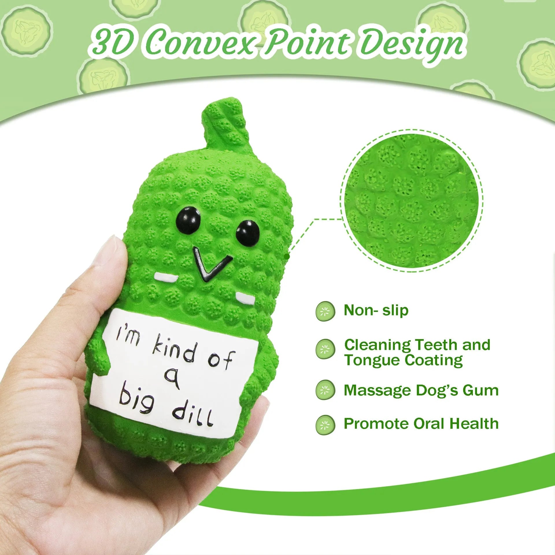 Green pickle-shaped latex dog chew toy with bumpy texture and a squeaker inside.