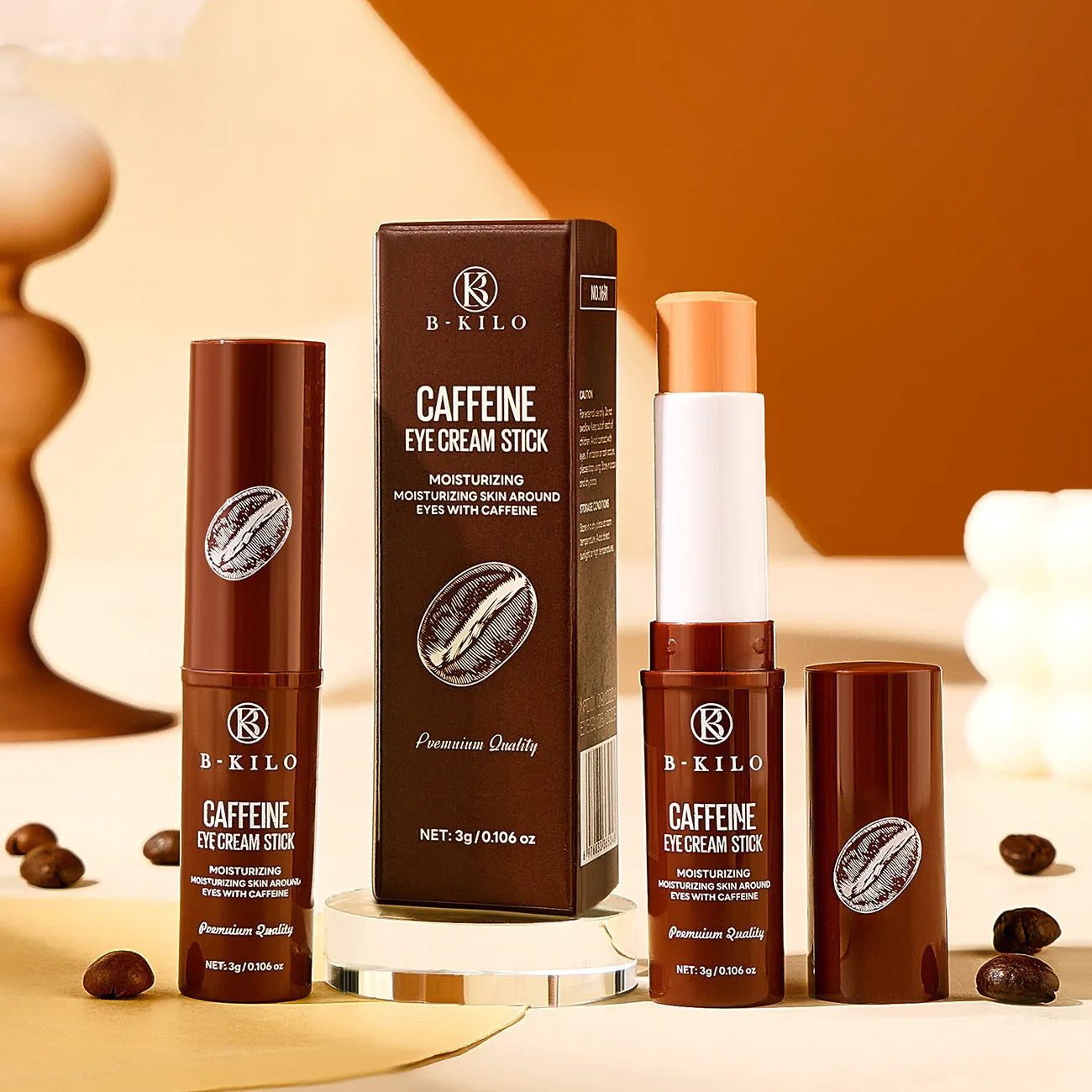 Caffeine eye cream stick in white applicator, 3g net content for dark circles and fine lines.
