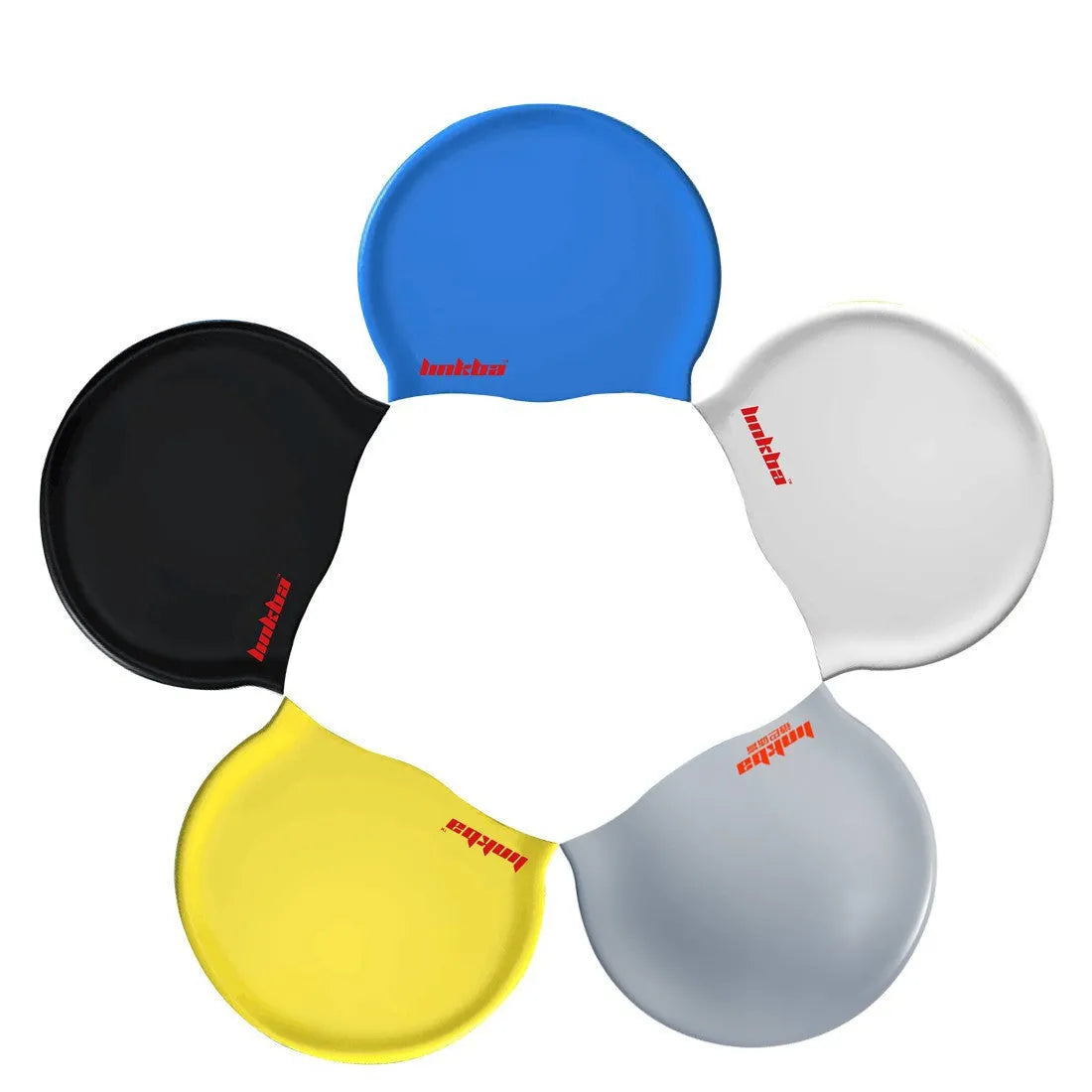 Silicone swimming cap with earmuff design and letters pattern in assorted colours