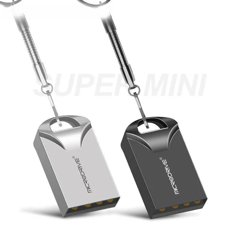 Small black and silver metal USB flash drive showing compact size and USB connector.