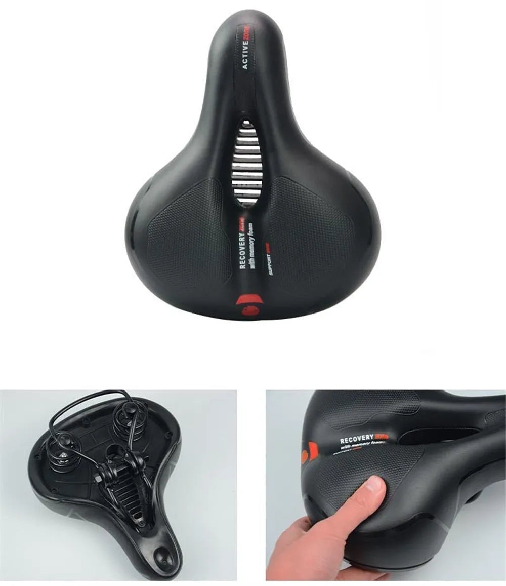 Bicycle saddle cushion with silicone padding, PU leather cover, and included waterproof cover and repair tools