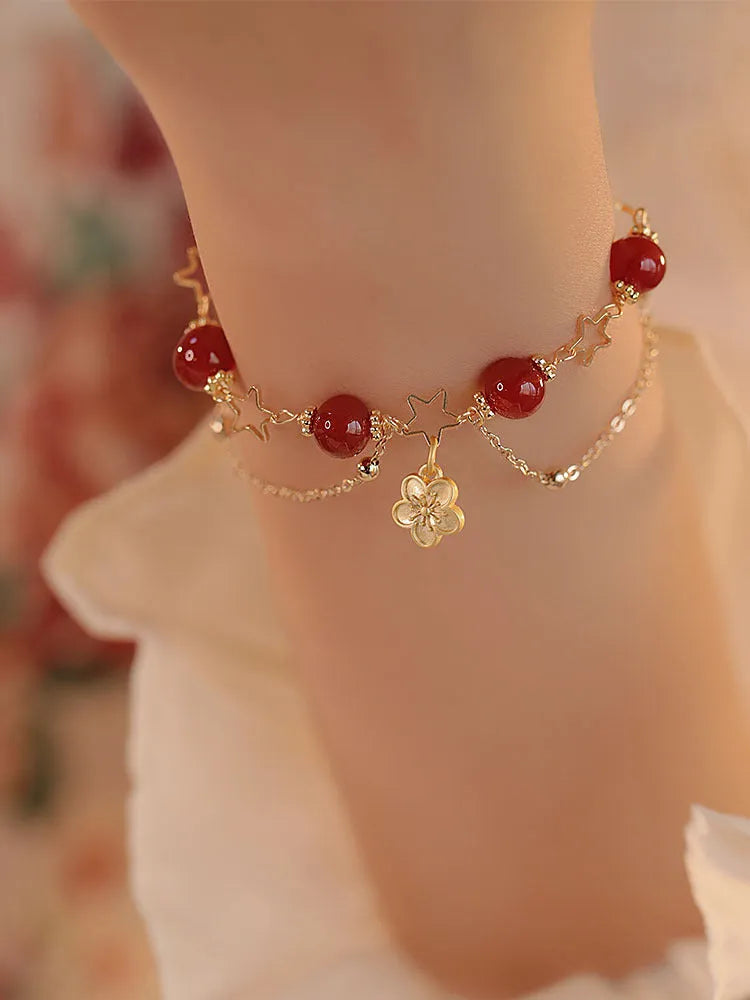 Red agate double layer bracelet with floral peach blossom design, handcrafted women's jewellery