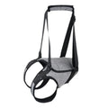 Grey neoprene dog rear leg recovery belt with adjustable straps shown on size chart