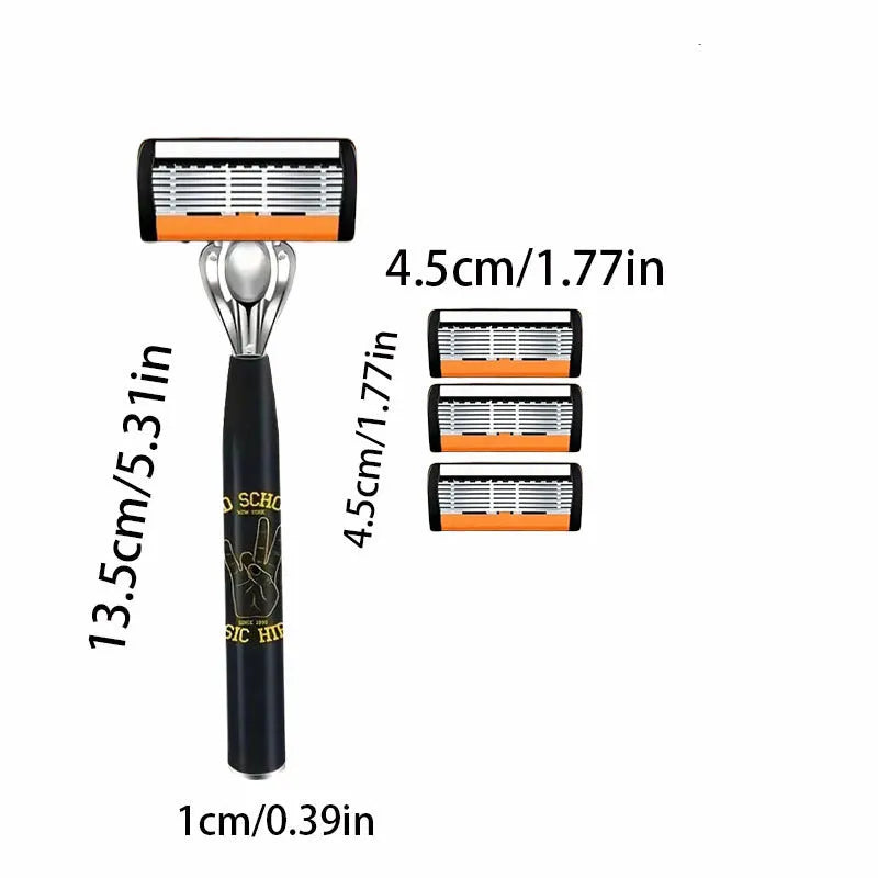 Black six-layer finger grip manual shaver handle with a set of metal cutting blades.