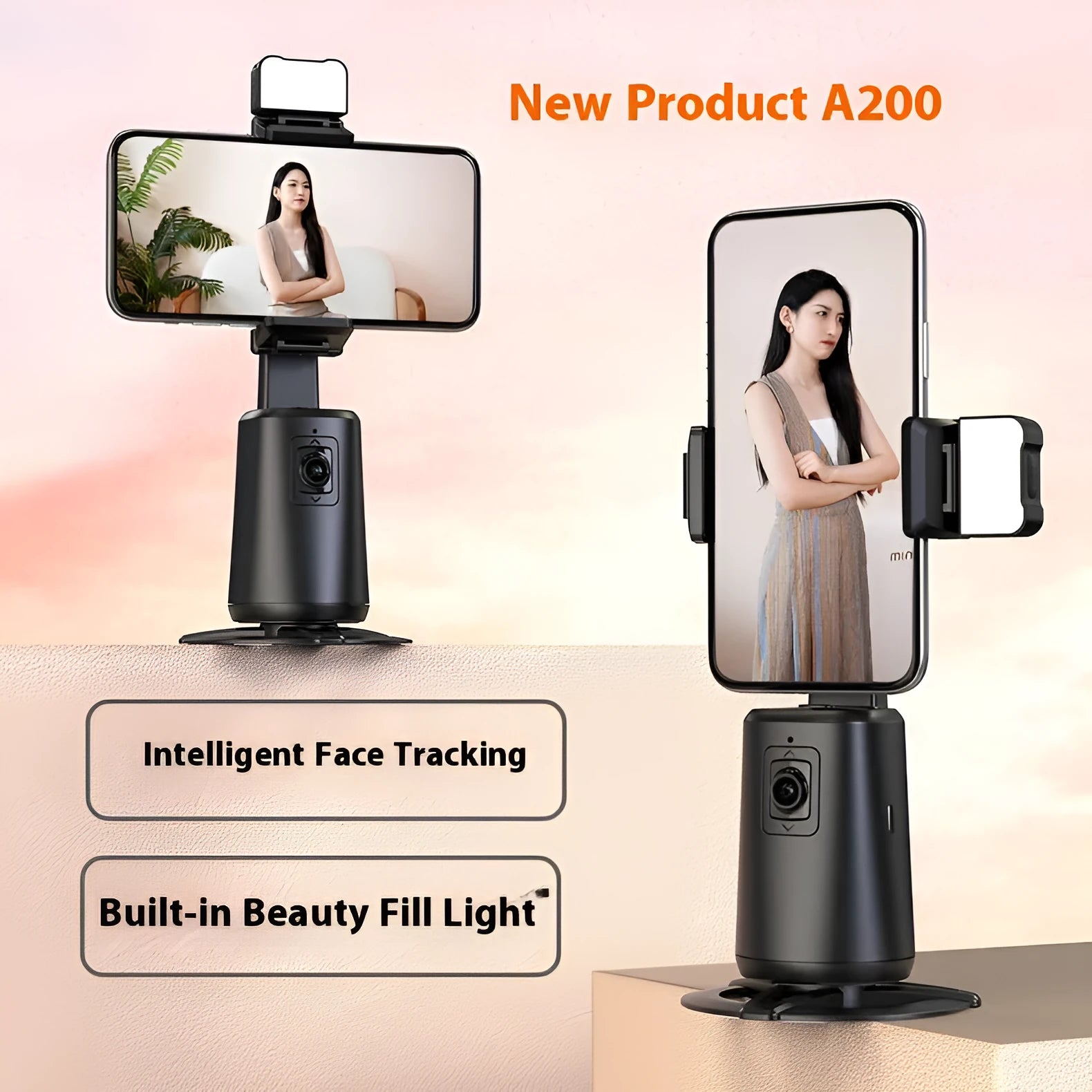 Black desktop phone bracket with rotating head and ribbon lighting for hands-free video calls